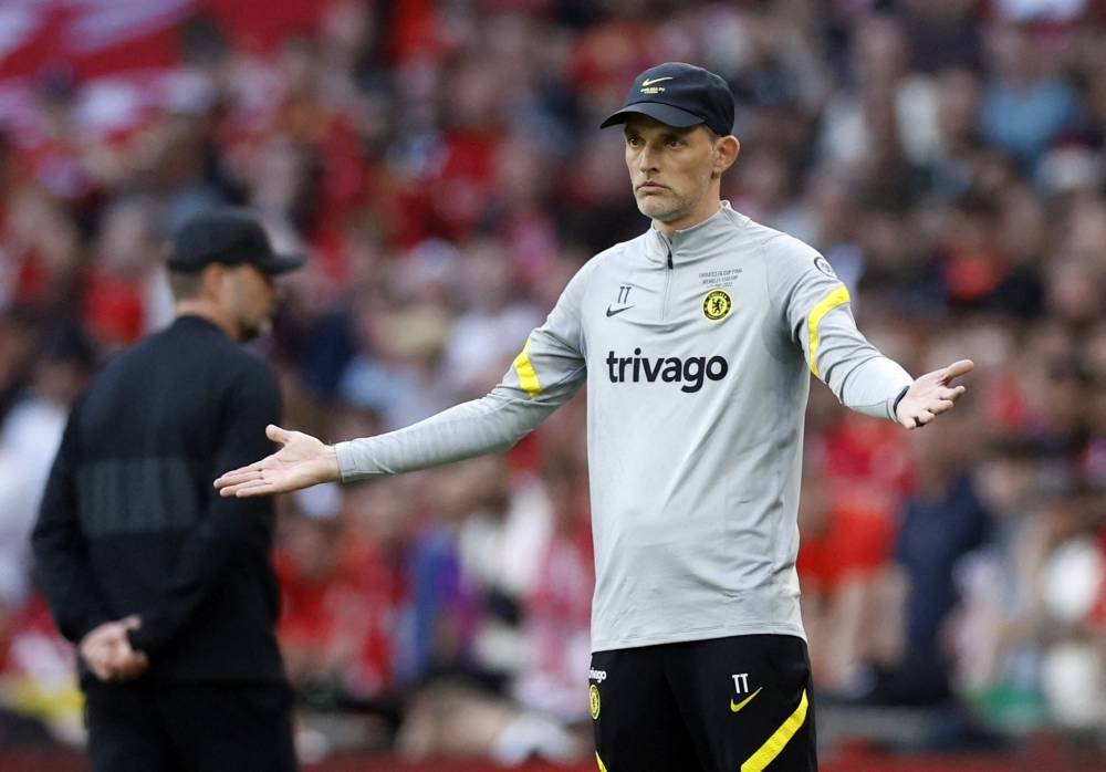 Chelsea manager Thomas Tuchel reacts during the match against Liverpool during the FA Cup final at Wembley Stadium, London May 14, 2022. — Reuters pic