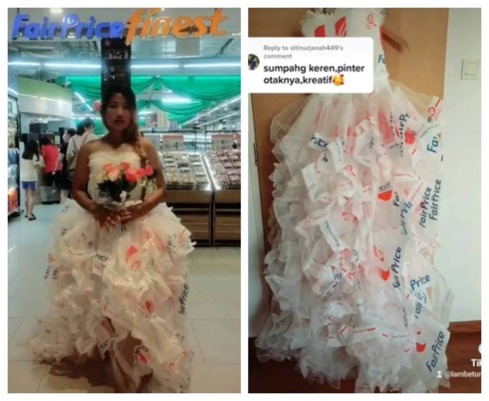 Woman in Singapore gets creative by transforming used plastic bags into chic dress (VIDEO)