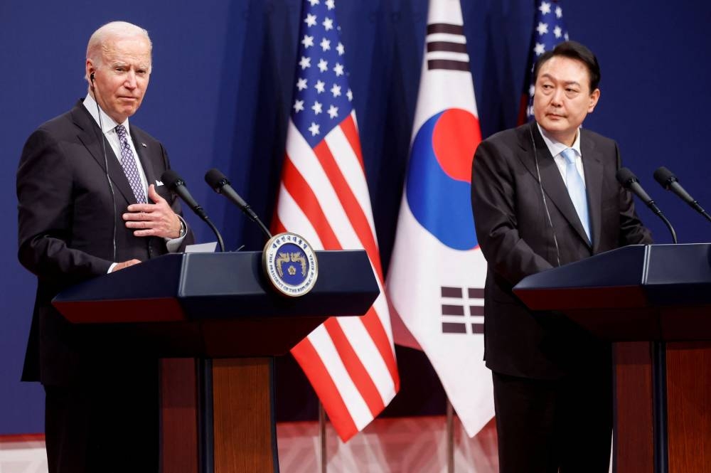 US President Joe Biden and his South Korean counterpart Yoon Suk-youl hold a joint news conference at the People's House in Seoul, South Korea, May 21, 2022. ― Reuters pic