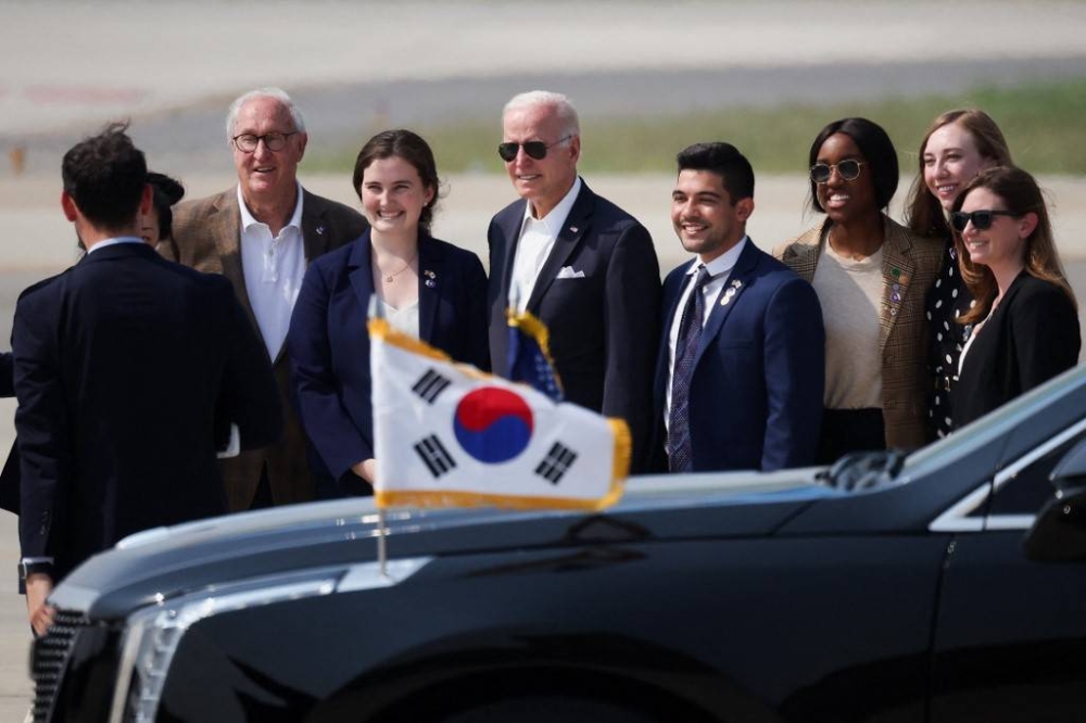 US President Joe Biden prepares to depart for Japan from Osan Air Base in Pyeongtaek on May 22, 2022. — AFP pic