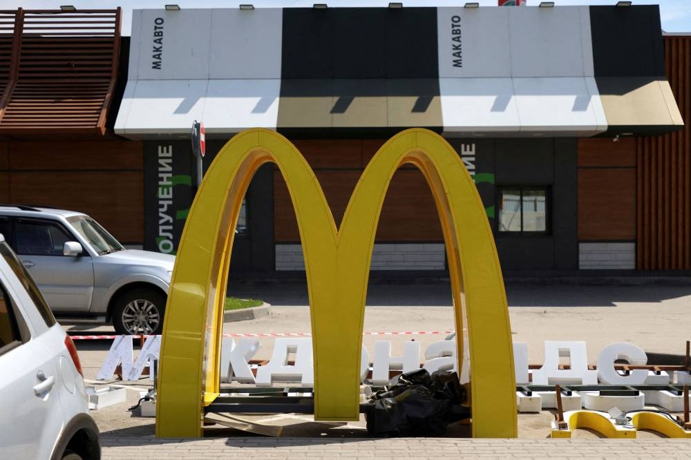  A view shows the dismantled McDonald's Golden Arches after the logo signage was removed from a drive-through restaurant of McDonald's in Khimki outside Moscow May 23, 2022. — Reuters pic