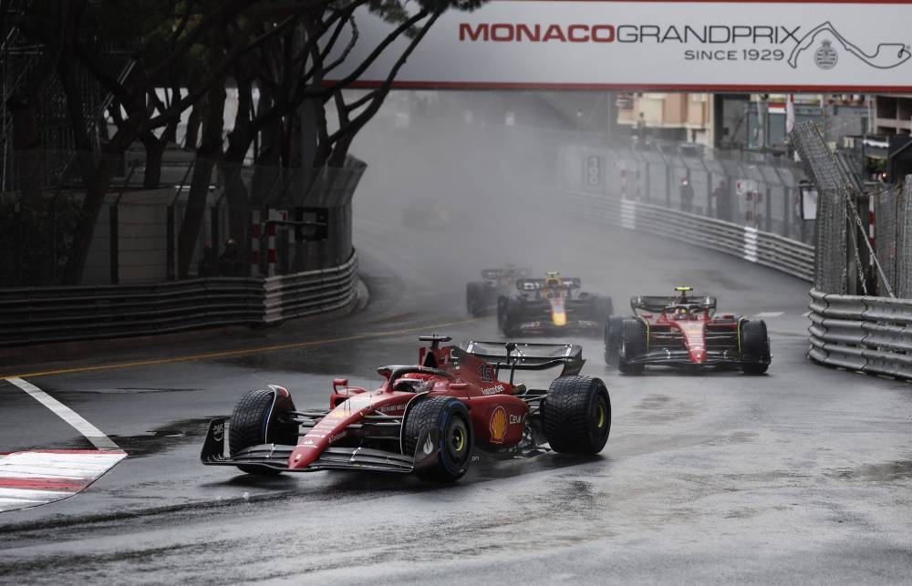 Ferrari's Charles Leclerc in action during the race ahead of Ferrari's Carlos Sainz Jr., Red Bull's Sergio Perez and Red Bull's Max Verstappen at  Circuit de Monaco, Monte Carlo May 29, 2022. — Reuters pic