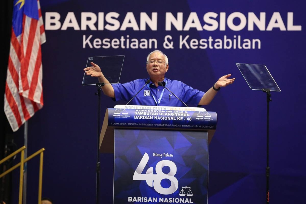 Barisan Nasional’s advisory board chairman Datuk Seri Najib Razak delivers his speech during the Barisan Nasional Convention at World Trade Centre in Kuala Lumpur June 1, 2022. — Picture by Yusof Mat Isa