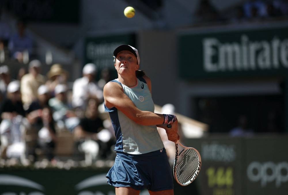 Poland’s Iga Swiatek in action during her semi final match against Russia’s Daria Kasatkina at Roland Garros, Paris, France, June 2, 2022. — Reuters pic 