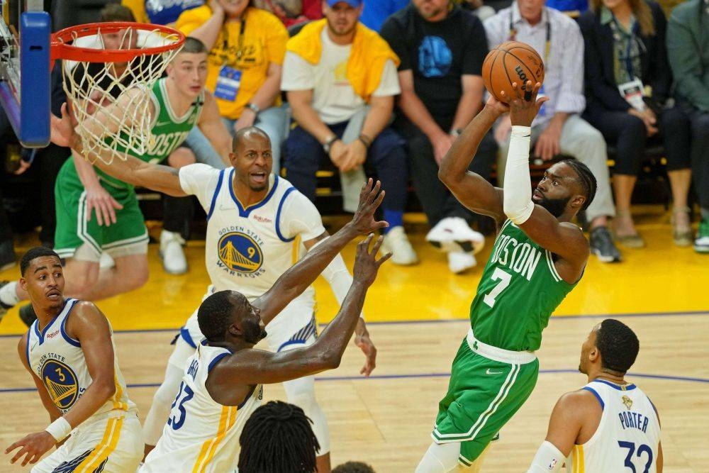 Boston Celtics guard Jaylen Brown (7) shoots the ball against the Golden State Warriors during game one of the 2022 NBA Finals at Chase Centre in California June 2, 2022. — Reuters pic