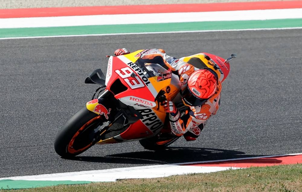 Repsol Honda Team’s Marc Marquez in action during practice for the Italian Grand Prix at Mugello Circuit, Scarperia e San Piero, Italy, May 28, 2022. — Reuters pic 