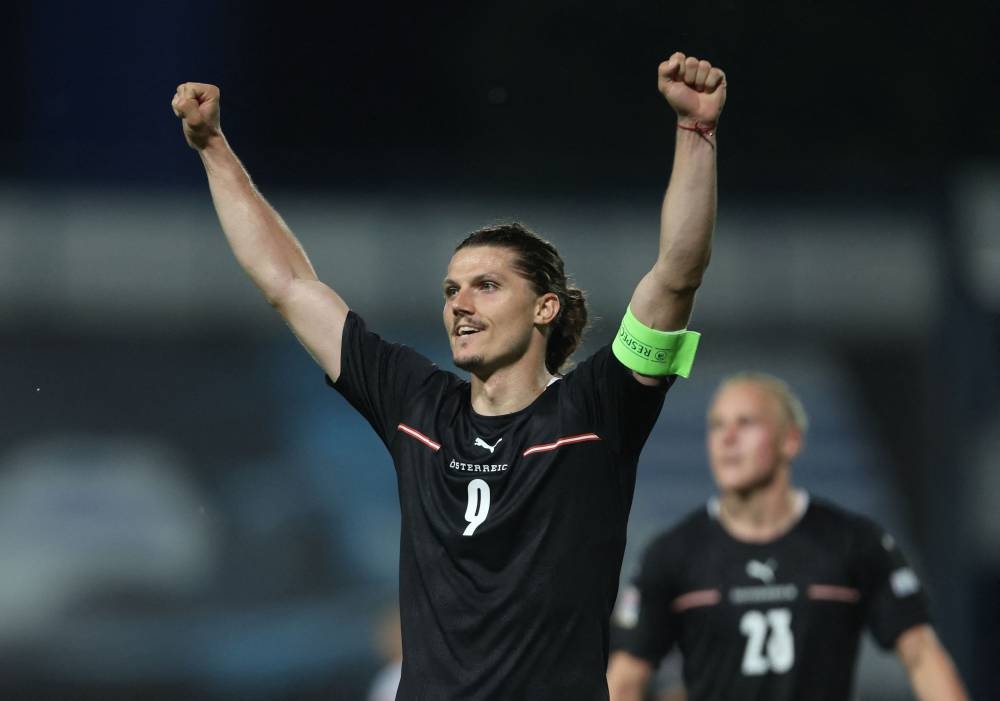 Austria's Marcel Sabitzer celebrates after scoring the third goal against Croatia June 4, 2022. ― Reuters pic