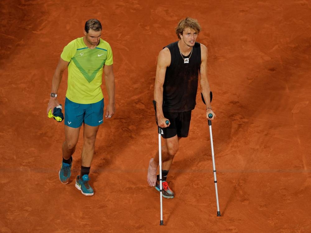 Germany's Alexander Zverev retires from the match after sustaining an injury, June 3, 2022. ― Reuters pic