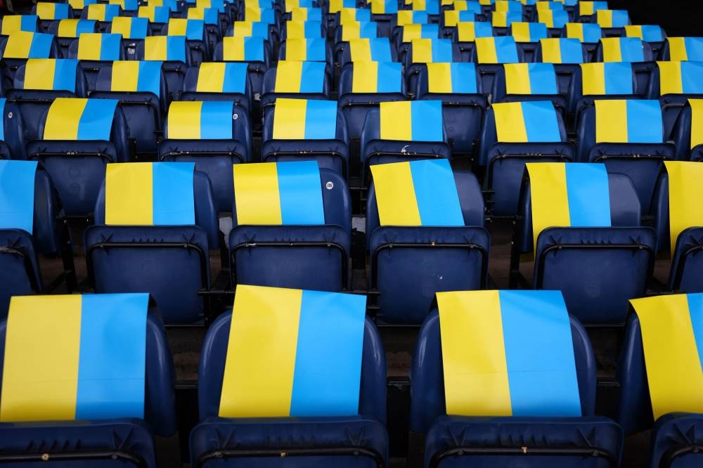 Ukraine flags are seen in the in the stands before the match between Scotland and Ukraine in Glasgow June 1, 2022. — Reuters pic