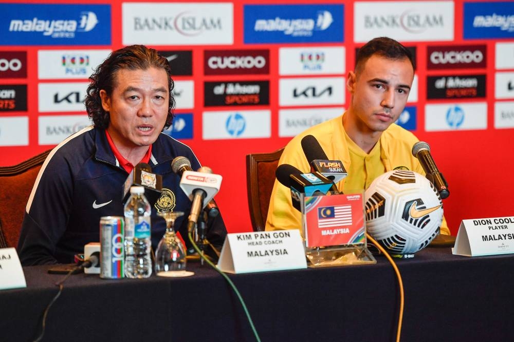 National head coach Kim Pan Gon speaks at a pre-match press conference in Subang Jaya, June 7, 2022. — Bernama pic