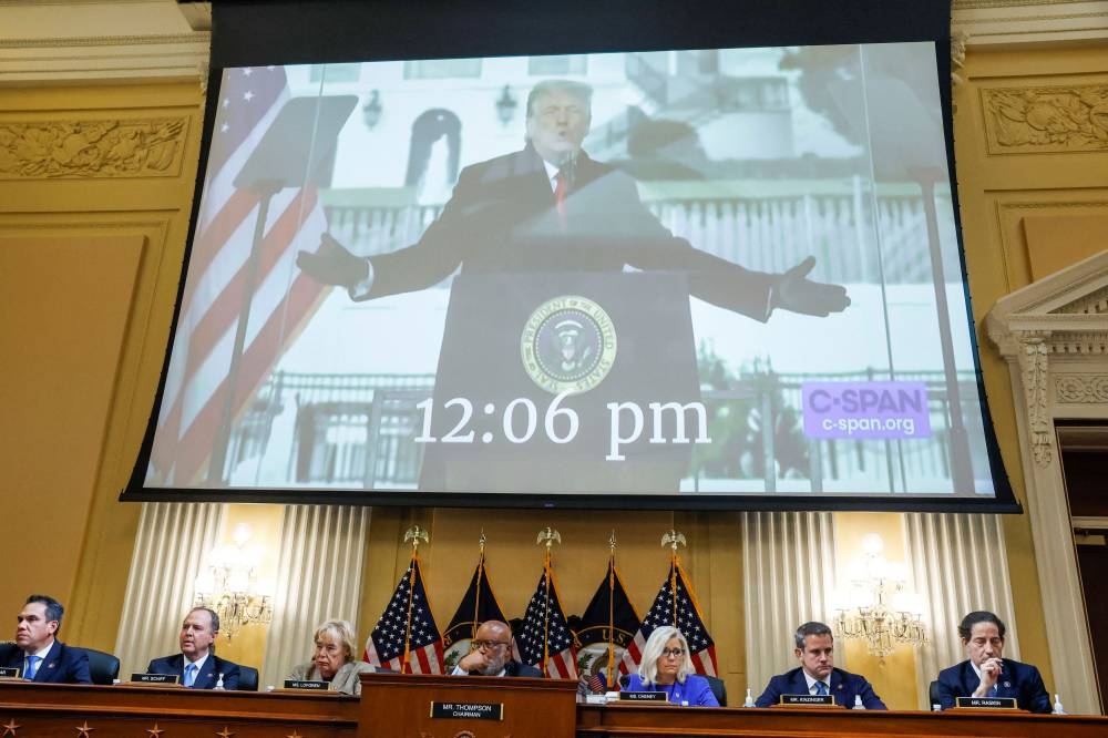 Former US President Donald Trump is seen on video during the hearing of the US House Select Committee to Investigate the January 6 Attack on the United States Capitol, on Capitol Hill in Washington June 9, 2022. — Reuters pic