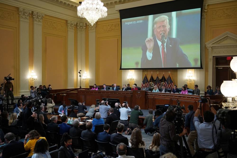 A video of former US president Donald Trump is seen on a screen  during a House Select Committee hearing to Investigate the January 6th Attack on the US Capitol, in the Cannon House Office Building on Capitol Hill in Washington June 13, 2022. — Reuters pic