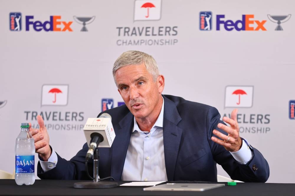 PGA Tour Commissioner Jay Monahan addresses the media during a press conference prior to the Travelers Championship at TPC River Highlands, in Cromwell June 22, 2022. — AFP pic