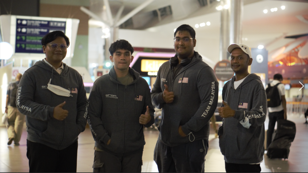 Team Malaysia drone racing team at KLIA 2 just before their flight to Seoul Korea for the 2022 FAI Korea Drone Race World Cup. — Picture by Arif Zikri