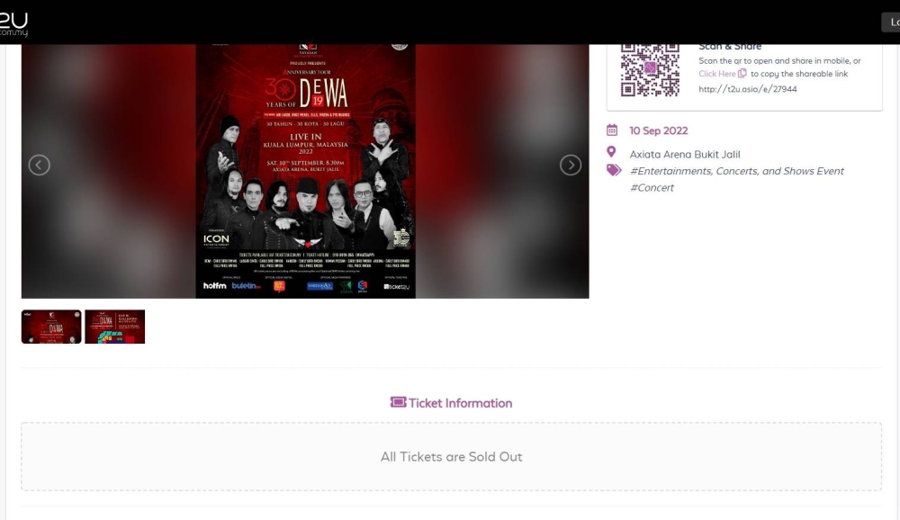 Tickets for Dewa 19’s KL show sold out soon after opening for sale on Monday morning. —  Screenshot via ticket2u’s website.