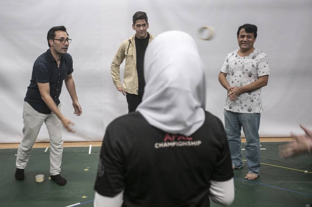 Saleh (right) leading the cast in a warm-up exercise during rehearsals at the Five Arts Centre in GMBB, Kuala Lumpur.  — Picture by Hari Anggara 