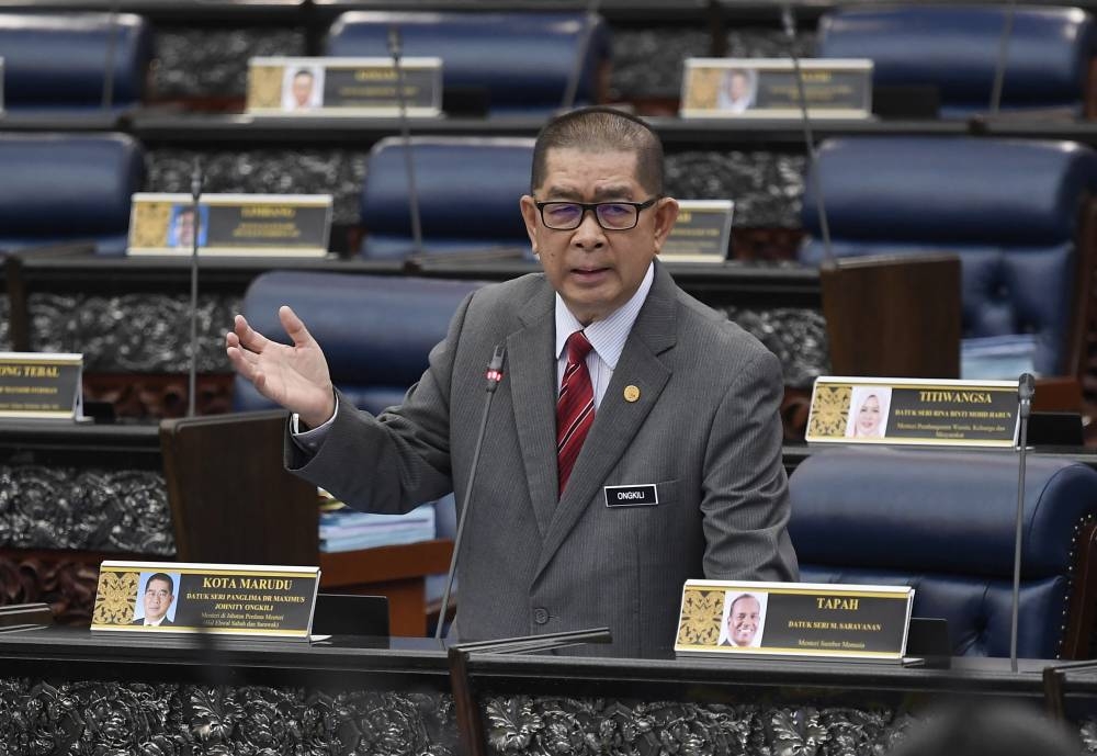 Datuk Seri Maximus Ongkili speaks during a Parliament sitting at the Dewan Rakyat in Kuala Lumpur July 26, 2022. — Bernama pic