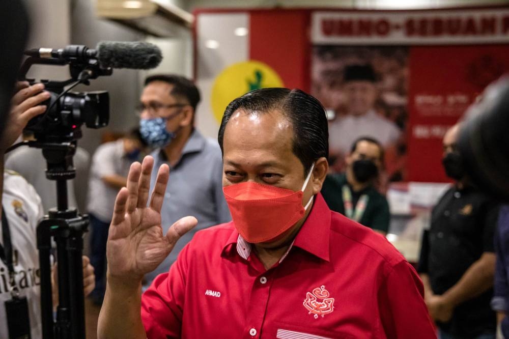 Umno secretary-general Datuk Seri Ahmad Maslan is pictured at Umno’s headquarters in Kuala Lumpur on October 14, 2021. — Picture by Firdaus Latif