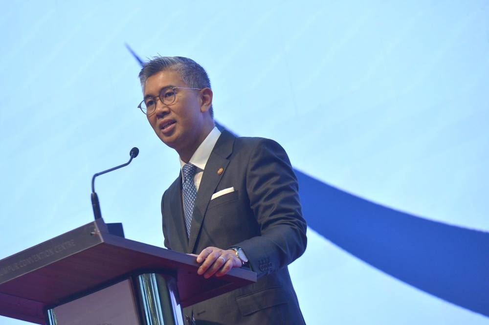 Finance Minister Datuk Seri Tengku Zafrul Abdul Aziz delivers his speech while officiating the plenary session of the annual meeting for Asia/ Pacific Group on Money Laundering (APG) 2022 in Kuala Lumpur Convention Centre July 26, 2022. — Picture by Shafwan Zaidon