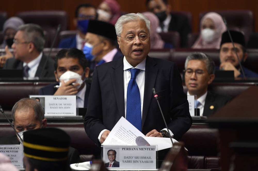 Prime Minister Datuk Seri Ismail Sabri Yaakob speaks during a Dewan Negara sitting at Parliament August 9, 2022. — Bernama pic