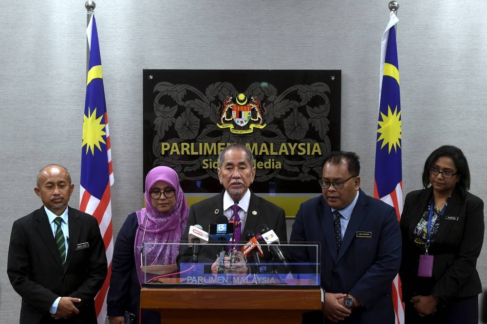 Minister in the Prime Minister’s Department (Parliament and Law) Datuk Seri Wan Junaidi Tuanku Jaafar speaks at a press conference in Parliament, August 9, 2022. — Bernama pic