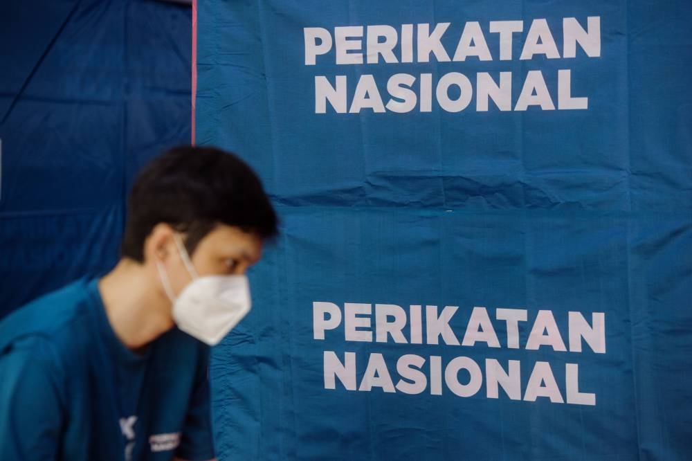 The Perikatan Nasional logo is pictured in Kota Laksamana, Melaka November 10, 2021. — Picture by Shafwan Zaidon