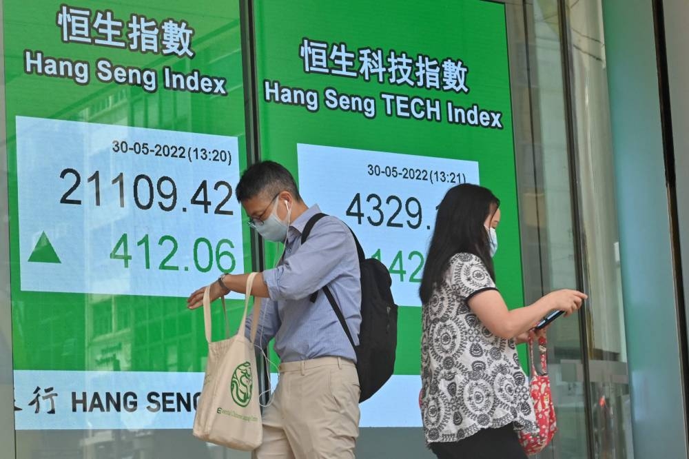 Pedestrians pass a sign showing the numbers for the Hang Seng Index in Hong Kong on May 30, 2022. — AFP pic