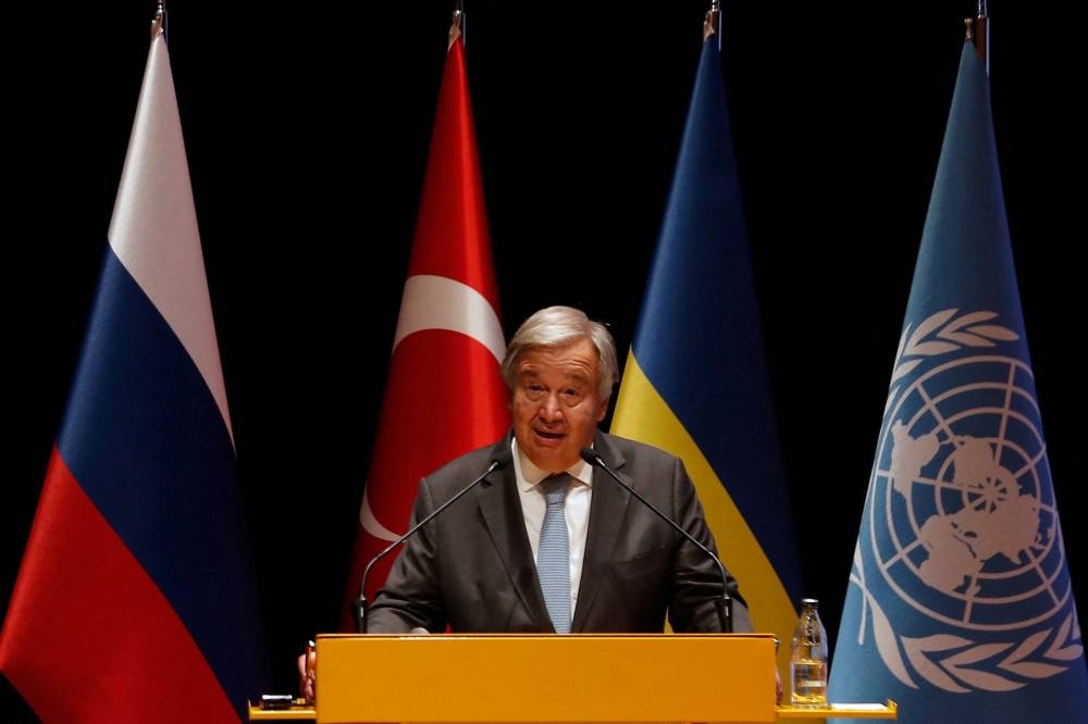 UN Secretary-General Antonio Guterres speaks during a news conference after visiting a joint coordination center overseeing the Ukrainian grain exports, in Istanbul, Turkey August 20, 2022. — Reuters pic