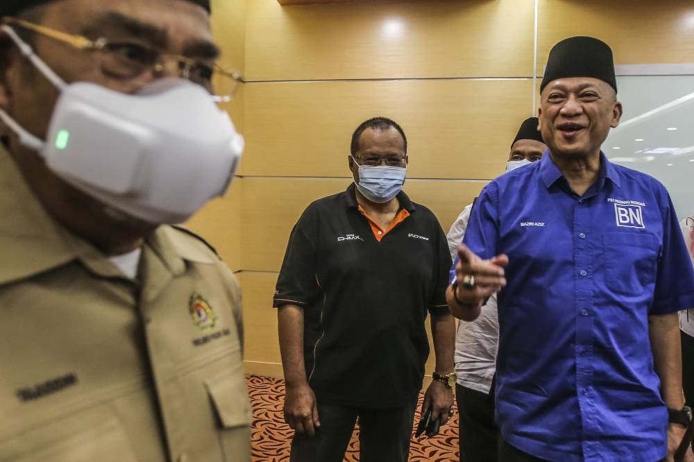 Padang Rengas MP Datuk Seri Mohamed Nazri Abdul Aziz speaks to reporters during a press conference at PWTC, Kuala Lumpur January 12, 2021. —Picture by Hari Anggara.