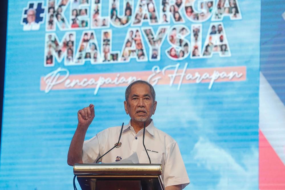 Minister in the Prime Minister's Department (Parliament and Laws) Datuk Seri Wan Junaidi Tuanku Jaafar delivers his speech during the Keluarga Malaysia Symposium at the Putrajaya International Convention Centre August 21, 2022. — Picture by Sayuti Zainudin