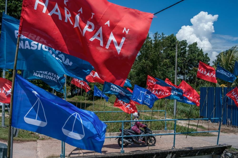 Barisan Nasional, Perikatan Nasional and Pakatan Harapan flags are picture along Jalan Sg. Udang in Melaka November 13, 2021. ― Picture by Shafwan Zaidon