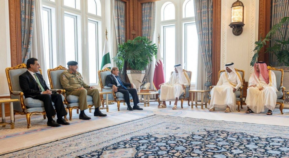 Qatar's Emir, Sheikh Tamim bin Hamed al-Thani meets with Pakistan's Prime Minister Shehbaz Sharif  in Doha, Qatar August 24, 2022. — Qatar News Agency handout pic via Reuters