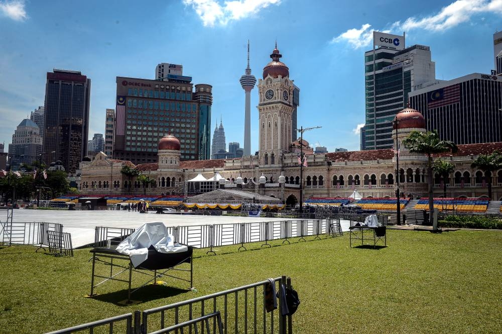 Work to prepare Dataran Merdeka for National Day celebrations in full swing, August 24, 2022. — Bernama pic 