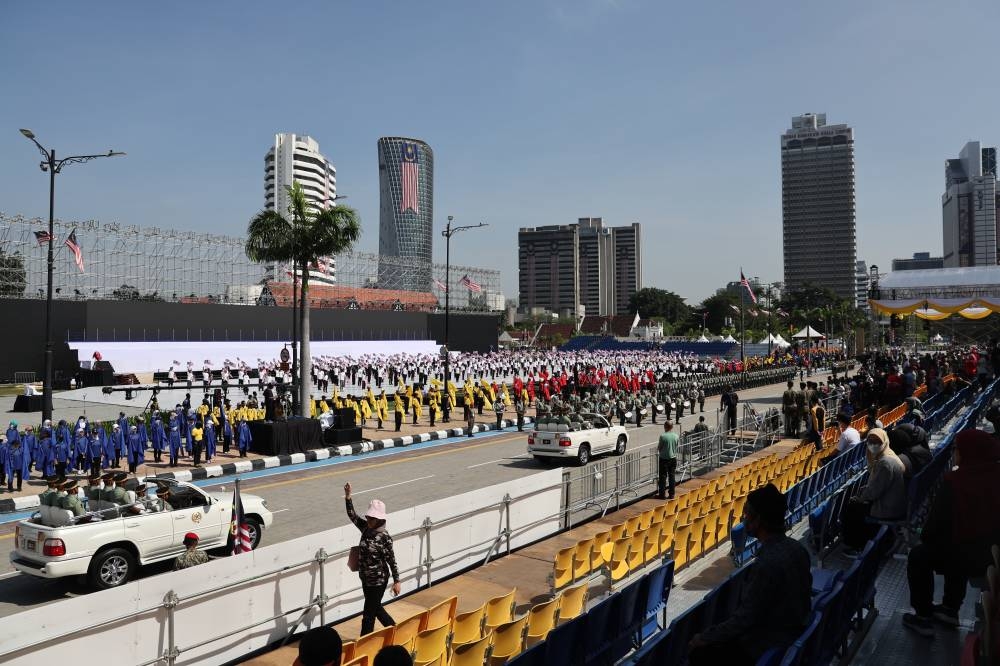 Part of the school students' performance during the rehearsal session in conjunction with the 2022 National Day celebration at Dataran Merdeka, August 27, 2022. — Bernama pic