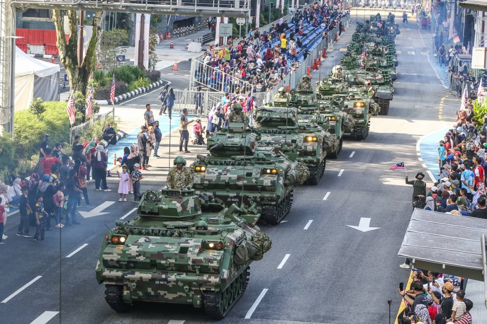 The Malaysian Armed Forces contingent is pictured taking part in the rehearsal for the 65th Merdeka Day celebrations at Dataran Merdeka in Kuala Lumpur, August 28, 2022. — Picture by Yusof Mat Isa