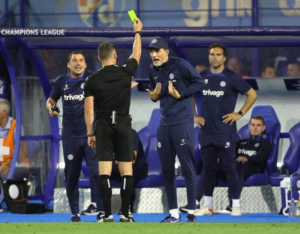 Chelsea manager Thomas Tuchel is shown a yellow card by referee Istvan Kovacs during a match against Dinamo Zagreb at Stadion Maksimir, Zagreb, Croatia, September 6, 2022. — Reuters pic 