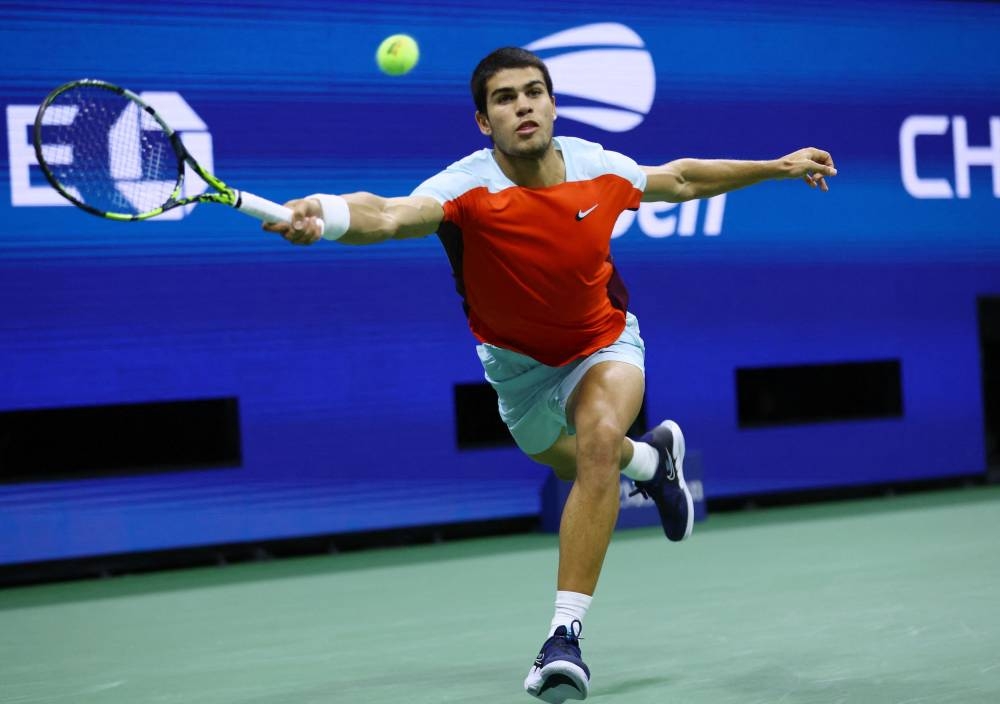 Carlos Alcaraz in action during his semi final match against Frances Tiafoe at the US Open in New York September 9, 2022. — Reuters pic