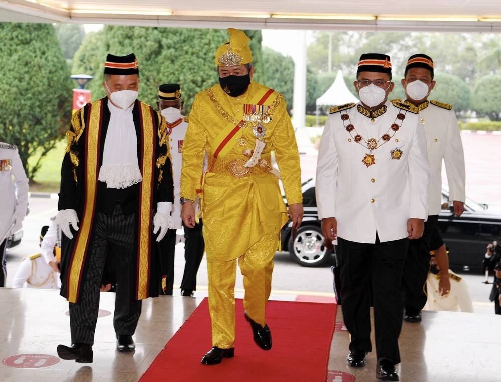 Sultan Sharafuddin Idris Shah arrives for the First Meeting of the Fifth Term of the 14th Selangor State Assembly, in Shah Alam March 14, 2022. — Bernama pic