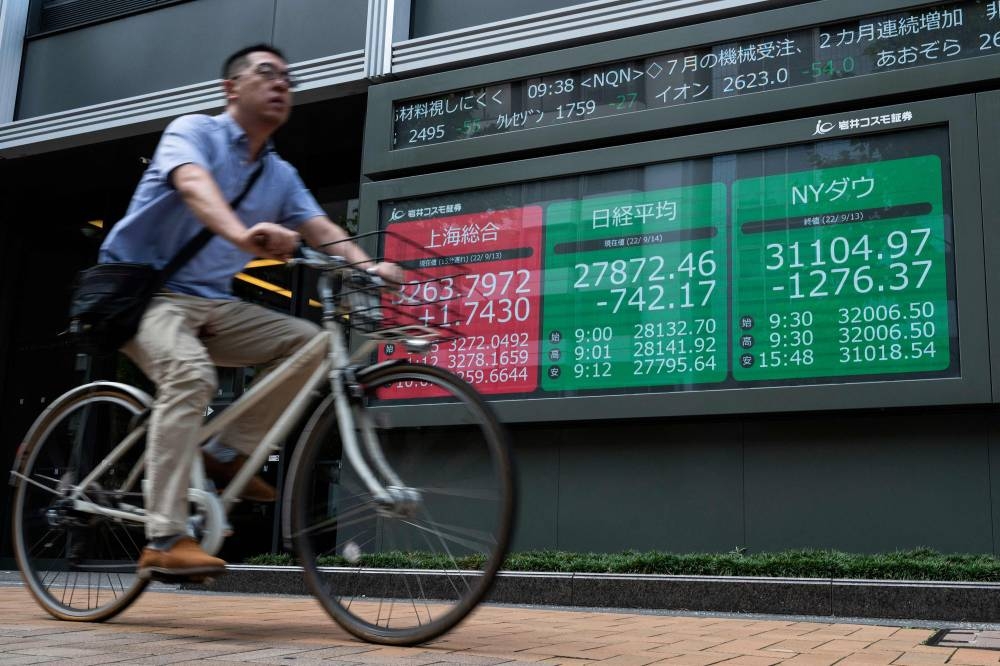 A man cycles past a sign showing the numbers on the Nikkei-225 stock index and the New York Stock Exchange in Tokyo September 14, 2022. — AFP pic