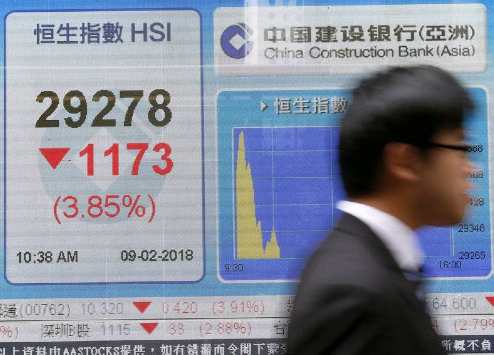 The falling Hang Seng Index is shown on a panel outside a bank in Hong Kong February 9, 2018. — Reuters pic