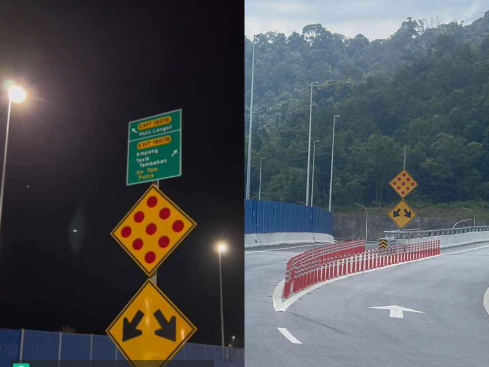 The management of the Sungai Besi-Ulu Kelang Elevated Expressway has been criticised by the public for its 'tiny' signboard near the Hulu Langat and Ampang intersection. — Picture by Hari Anggara/ TikTok screenshot