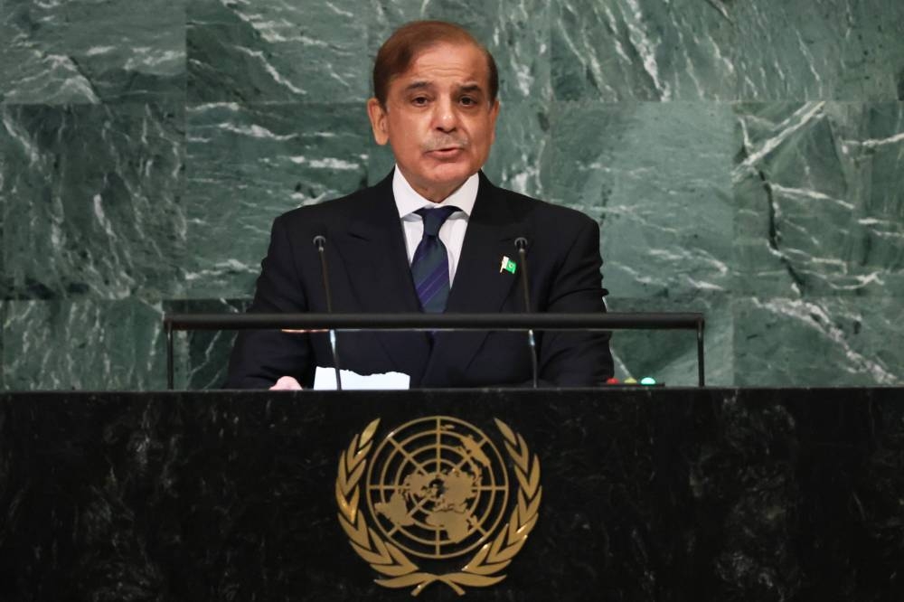 Prime Minister of the Islamic Republic of Pakistan Muhammad Shehbaz Sharif speaks at the 77th session of the United Nations General Assembly at UN headquarters on September 23, 2022 in New York City. — Michael M. Santiago/Getty Images/AFP pic