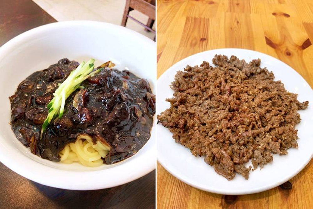 'Jjajangmyeon' or noodles in black bean sauce (left). 'Sut-Bulgogi' or grilled beef over charcoal (right).