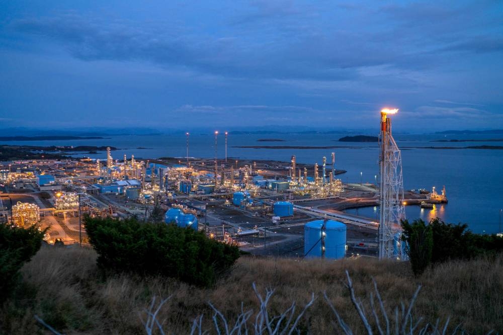 Night view taken on September 28, 2022 shows the Karsto gas processing plant in the municipality of  Tysvær in the North Rogaland county, Norway. — AFP pic