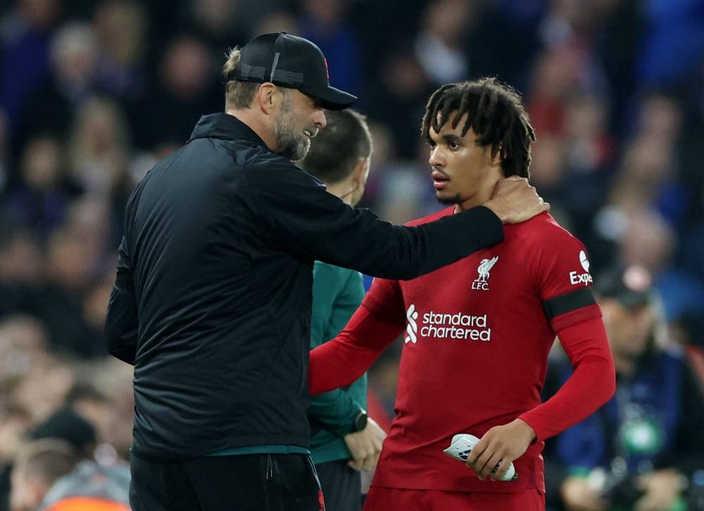 Liverpool manager Jurgen Klopp and Trent Alexander-Arnold celebrate after the match against Rangers at Anfield October 4, 2022. — Reuters pic 