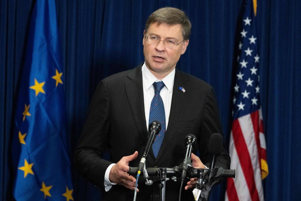 European Commissions Executive Vice President Valdis Dombrovskis speaks during a briefing in Washingtonn October 13, 2022. — Reuters pic