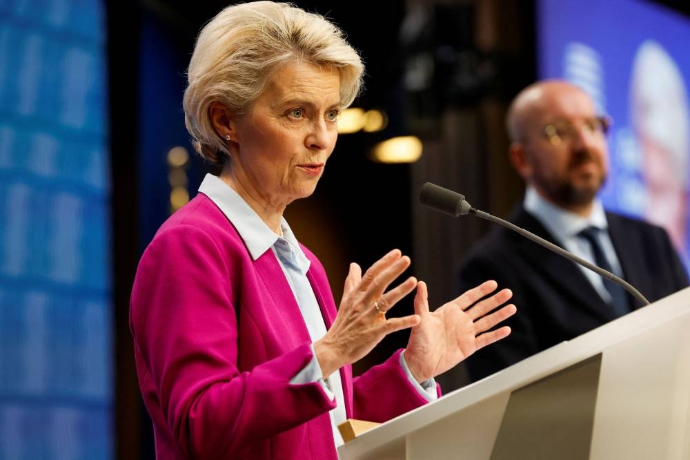 European Commission President Ursula von der Leyen speaks during a news conference after the first day of the European leaders summit in Brussels October 21, 2022. — Reuters pic