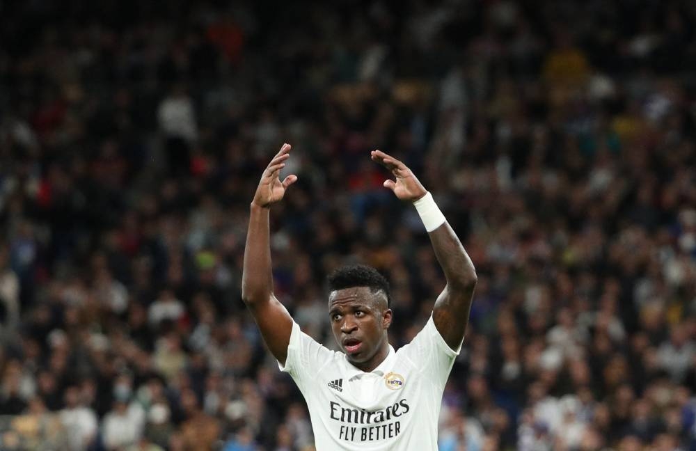 Real Madrid's Vinicius Junior reacts during the La Liga match between Real Madrid and Sevilla at Santiago Bernabeu, Madrid October 22, 2022. — Reuters pic