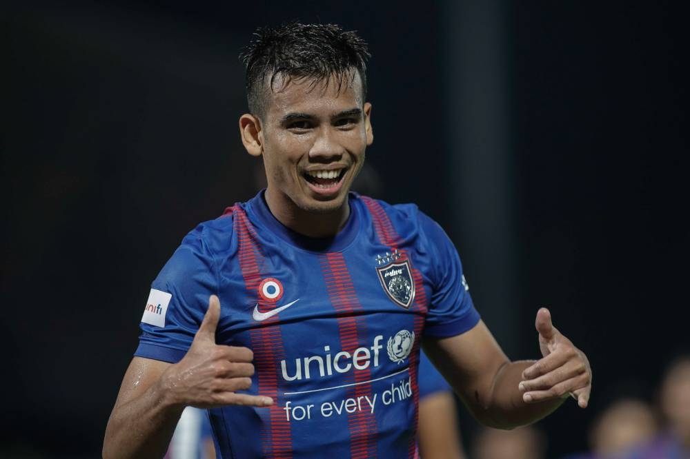 JDT winger Muhammad Safawi Rasid celebrates scoring against PJ City FC at the Petaling Jaya Stadium October 26, 2022. — Bernama pic