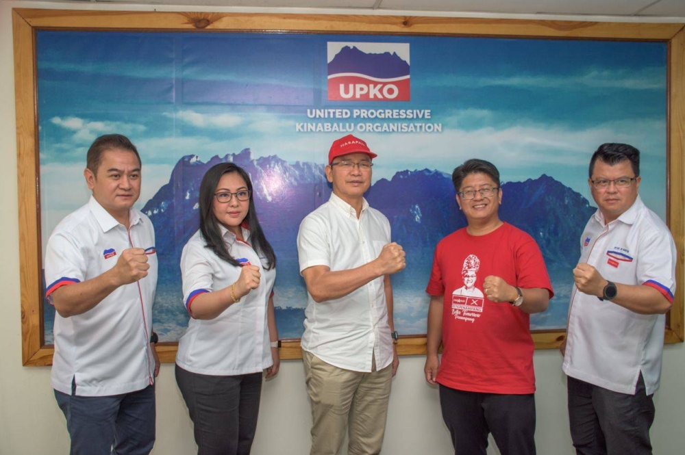 (From left) Upko’s GE15 candidates: Felix Joseph Saang, Rowindy Lawrence, Datuk Madius Tangau, Datuk Ewon Benedick and Peter Naintin. — Picture courtesy of Upko    